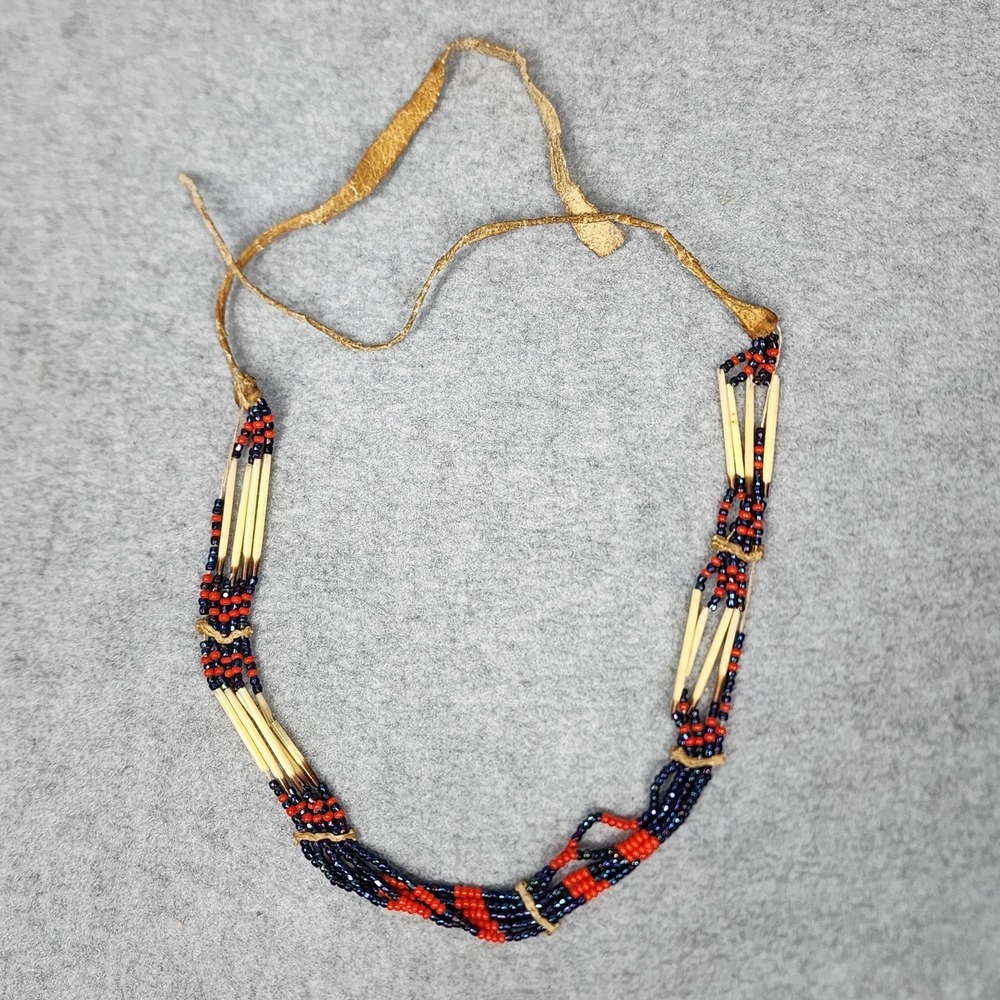 Vintage Native American Style Hairpipe Bead Necklace Orange Blue Seed Beads
